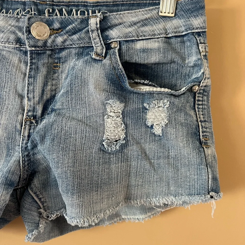 Almost Famous Distressed Blue Jean Shorts Juniors Size 5 Low rise 28x2 cutoff - Picture 5 of 10